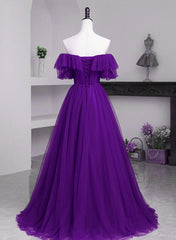 Dark Purple Tulle Off Shoulder Long Party Dress Outfits For Girls, A-line Purple Prom Dress