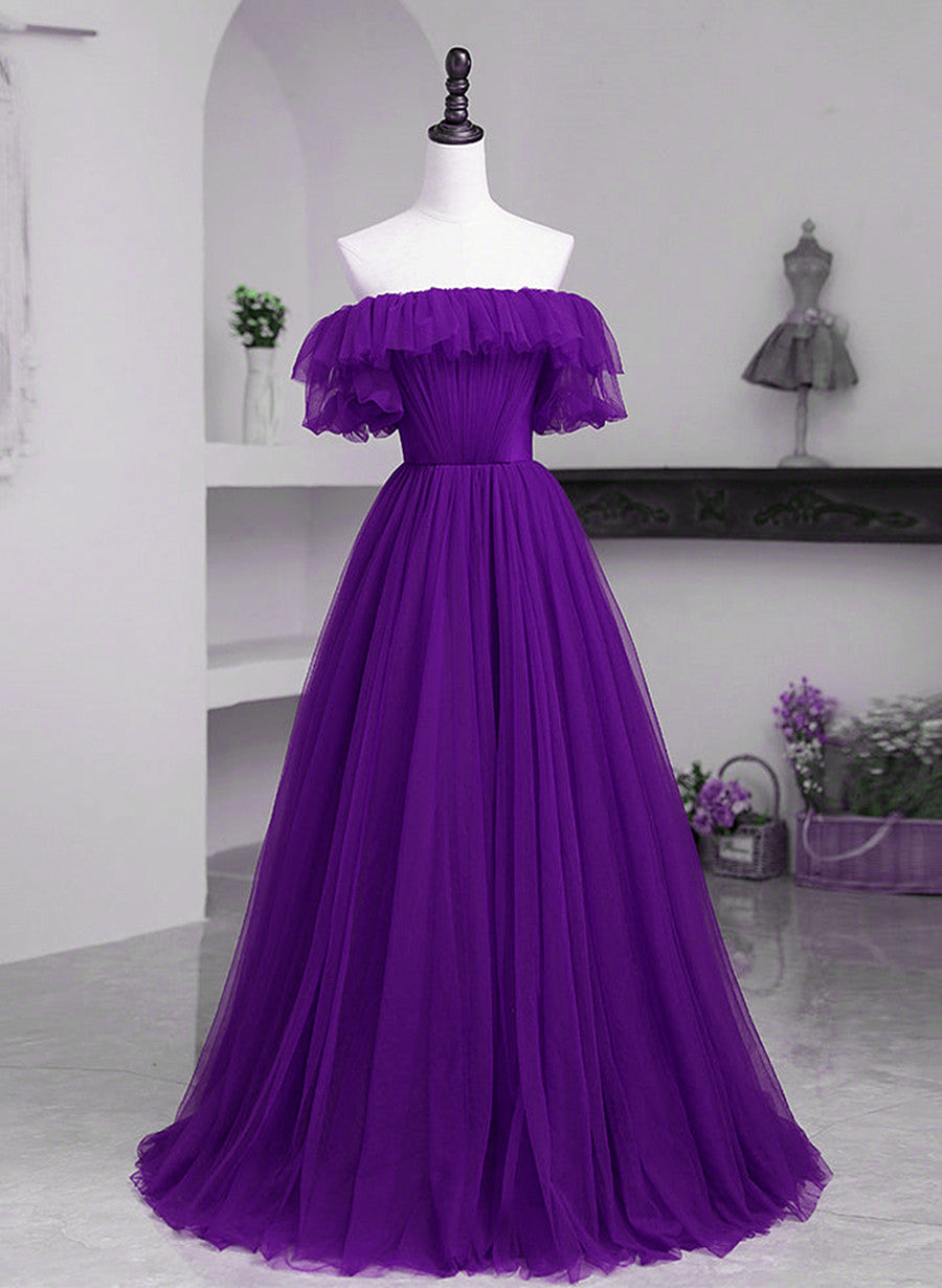 Dark Purple Tulle Off Shoulder Long Party Dress Outfits For Girls, A-line Purple Prom Dress