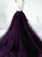 Dark Purple Tulle with Lace Applique Formal Dress Outfits For Girls, Purple Evening Dress