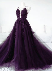 Dark Purple Tulle with Lace Applique Formal Dress Outfits For Girls, Purple Evening Dress