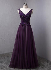 Dark Purple V-neckline Beaded Tulle Long Formal Dress Outfits For Girls, Purple Evening Dress