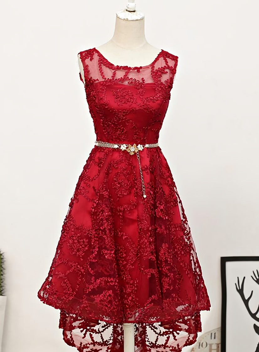 Dark Red High Low Lace Party Dress Outfits For Women Homecoming Dress Outfits For Girls, Red Short Prom Dress