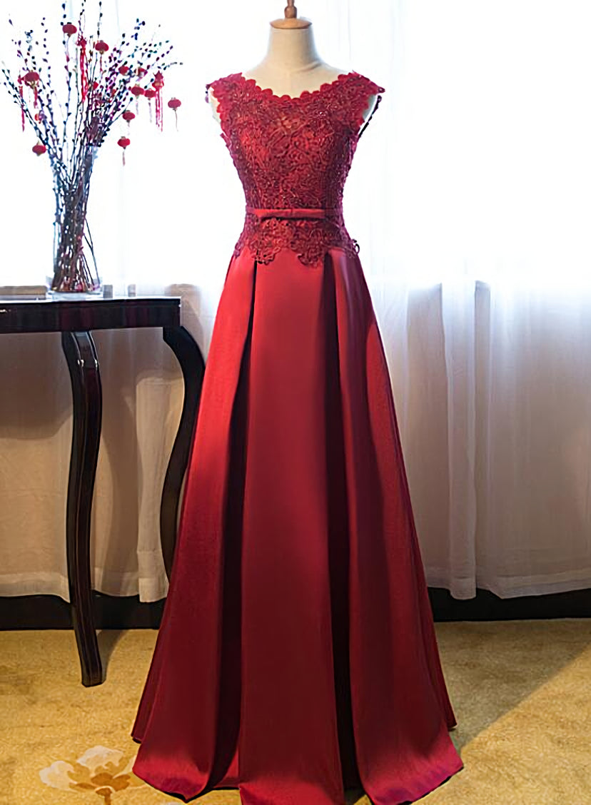 Dark Red Lace Long Junior Prom Dress Outfits For Girls, Lace Top Party Dress