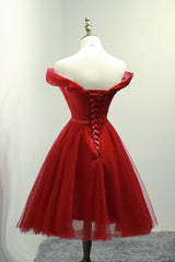 Dark Red Off the Shoulder Tulle Knee Length Party Dress Outfits For Girls, Red Homecoming Dress