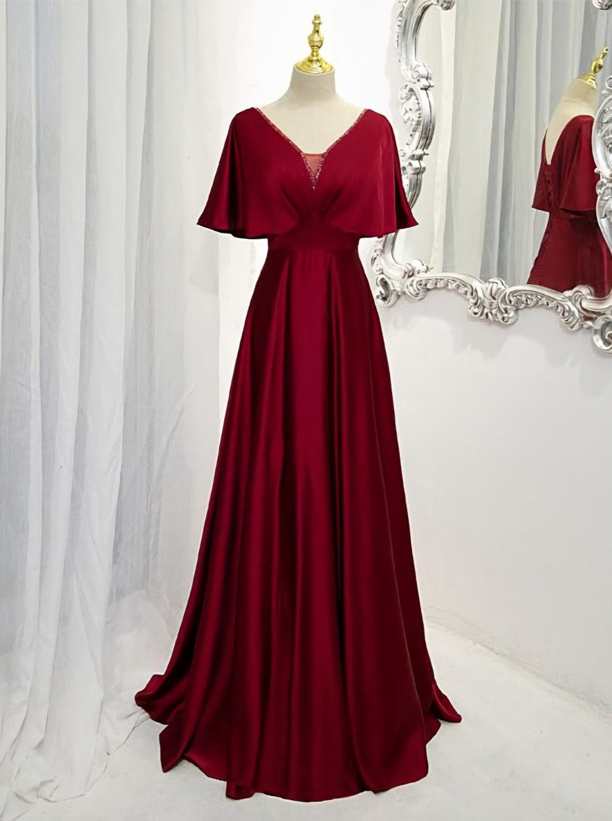Dark Red Satin A-line Floor Length Evening Dress Outfits For Girls, Wine Red Wedding Party Dresses