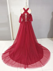 Dark Red Tulle Lace Long Prom Dress Outfits For Girls, Red Tulle Lace Evening Dress
