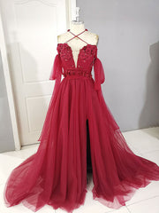 Dark Red Tulle Lace Long Prom Dress Outfits For Girls, Red Tulle Lace Evening Dress