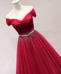 Dark Red Tulle Off Shoulder Long Prom Dress Outfits For Girls, Beaded Party Dress