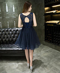 Dark Blue Lace Beading Short Prom Dress, Dark Blue Evening Dress