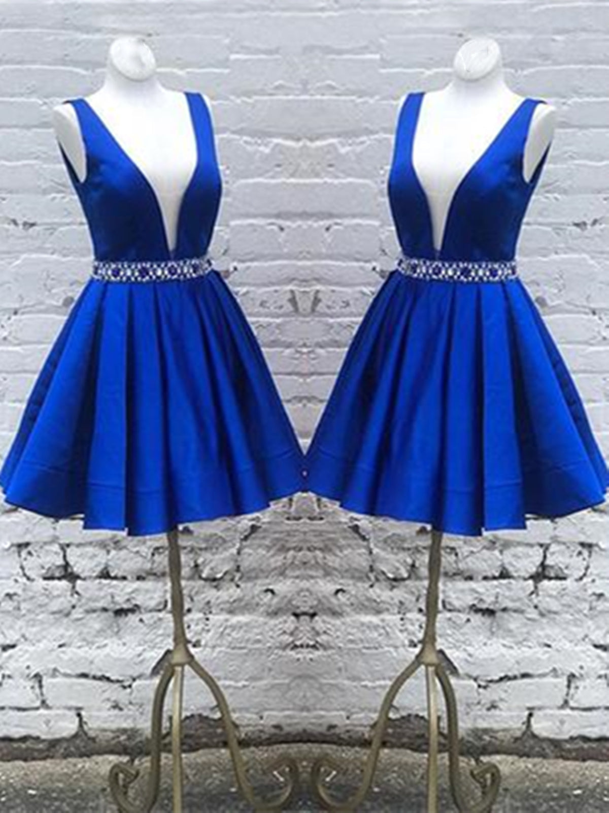 Deep V Neck Royal Blue Short Satin Prom Dresses For Black girls For Women, Royal Blue V Neck Short Formal Homecoming Dresses