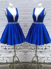 Deep V Neck Royal Blue Short Satin Prom Dresses For Black girls For Women, Royal Blue V Neck Short Formal Homecoming Dresses
