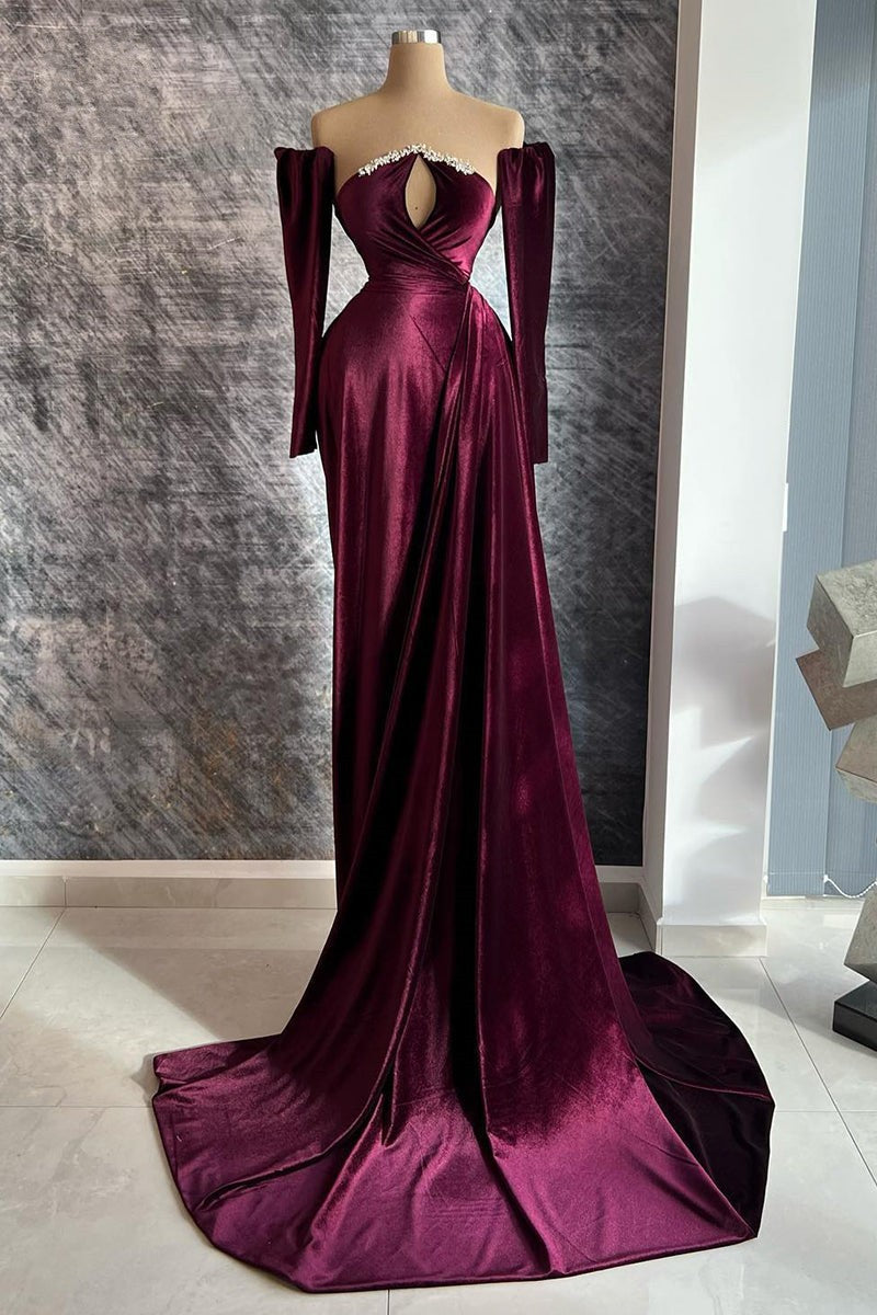 Designer Burgundy Velvet Long Sleeves Prom Dress Outfits For Women With Train,Gala Dresses For Black girls Elegant