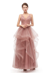 Double V-Neck Beaded Applique Layered Tulle Prom Dresses