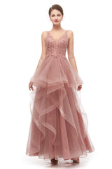 Double V-Neck Beaded Applique Layered Tulle Prom Dresses