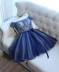 Blue Lace Off Shoulder Short Prom Dress, Blue Evening Dress