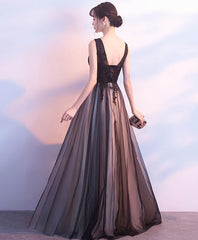 Black Tulle V Neck Long Prom Dress, Black Evening Dress