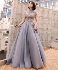 Gray Round Neck Tulle Lace Long Prom Dress, Evening Dress