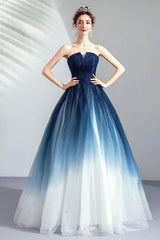Ombre Strapless A Line Long Prom Dress, Blue Ombre Graduation Dress with Lace Up Back