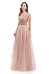 Dusty Pink Crystal Sparkle Starry Prom Dresses with Straps Backless