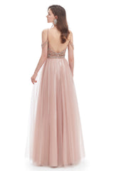 Dusty Pink Crystal Sparkle Starry Prom Dresses with Straps Backless