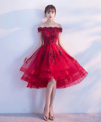 Cute Burgundy Lace Tulle Short Prom Dress, Brugrendy Party Dress