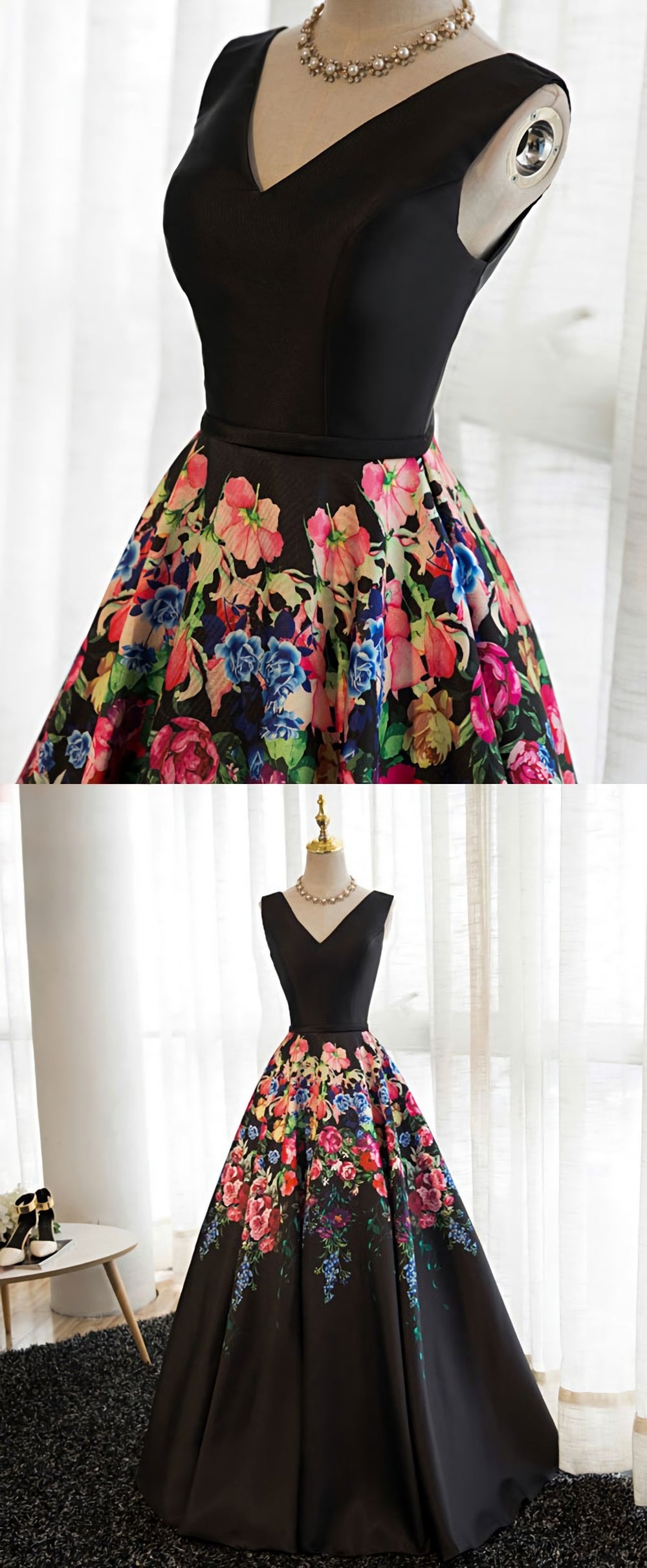 Black V Neck Floral Patterns Long Prom Dress, Black Evening Dress