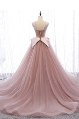 Pink Spaghetti Straps Tulle Long Formal Prom Dress, Unique Long Wedding Dess