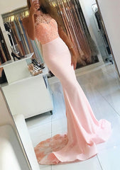 Elastic Satin Court Train Trumpet Mermaid Sleeveless Halter Covered Button Prom Dress Outfits For Women With Beaded