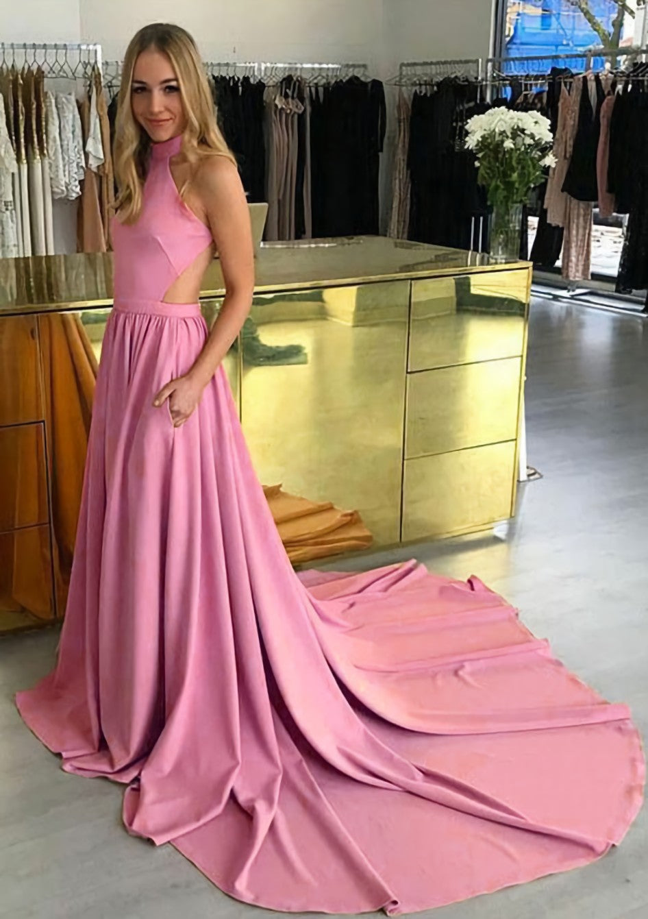 Elastic Satin Prom Dress Outfits For Women A Line Princess High Neck Chapel Train With Pleated