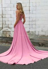 Elastic Satin Prom Dress Outfits For Women A Line Princess High Neck Chapel Train With Pleated