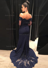 Elastic Satin Prom Dress Outfits For Women Sheath Column Off The Shoulder Court Train With Lace