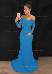 Elastic Satin Prom Dress Outfits For Women Sheath Column Off The Shoulder Court Train With Lace
