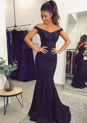 Elastic Satin Prom Dress Outfits For Women Trumpet Mermaid Off The Shoulder Sweep Train With Lace