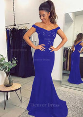 Elastic Satin Prom Dress Outfits For Women Trumpet Mermaid Off The Shoulder Sweep Train With Lace
