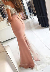 Elastic Satin Prom Dress Outfits For Women Trumpet Mermaid V Neck Sweep Train With Lace
