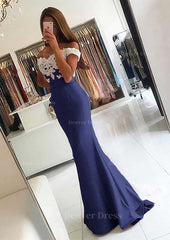 Elastic Satin Prom Dress Outfits For Women Trumpet Mermaid V Neck Sweep Train With Lace