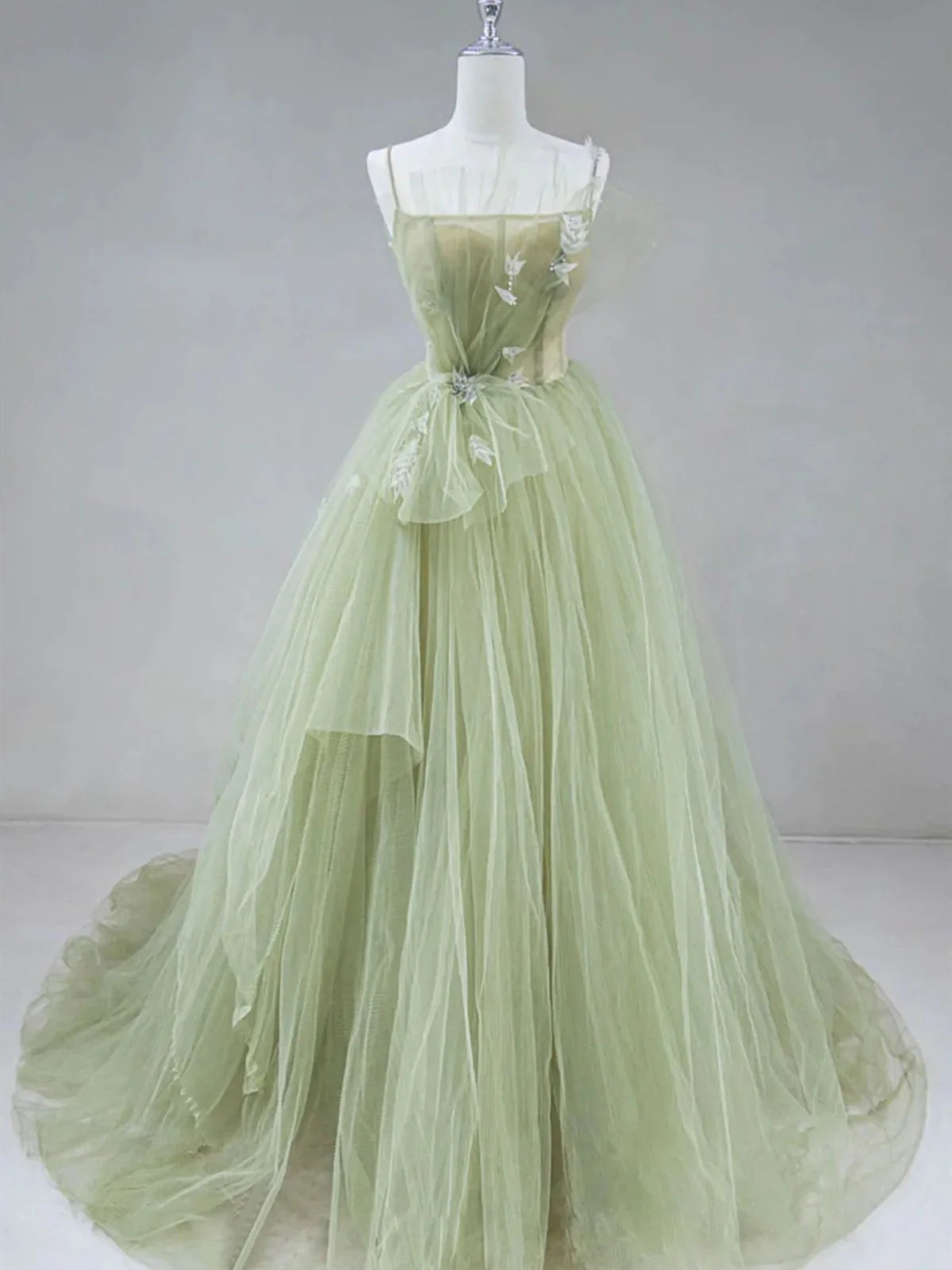 Elegant A Line Open Back Green Tulle Long Prom Dresses For Black girls For Women, Green Formal Graduation Evening Dresses
