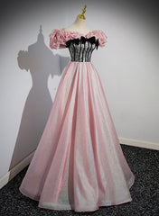 Elegant A-line Pink Off Shoulder Long Evening Dress Outfits For Girls, Pink with Black Lace Long Prom Dress
