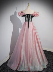 Elegant A-line Pink Off Shoulder Long Evening Dress Outfits For Girls, Pink with Black Lace Long Prom Dress