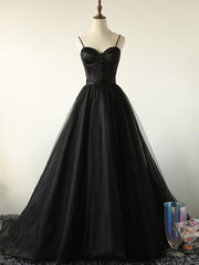 Elegant Black Straps Tulle Sweetheart Prom Dress Outfits For Girls, Black Party Dress