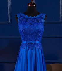 Elegant Blue Satin A-line Long Prom Dress Outfits For Women , Bridesmaid Dress Outfits For Women for Sale