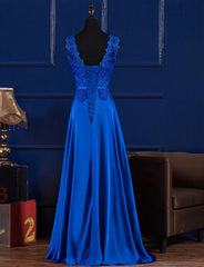 Elegant Blue Satin A-line Long Prom Dress Outfits For Women , Bridesmaid Dress Outfits For Women for Sale