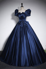 Elegant Blue Satin Prom Dresses For Black girls For Women, Square Neckline Puffy Short Sleeve Bow Backless Floor-Length Formal Dresses