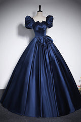 Elegant Blue Satin Prom Dresses For Black girls For Women, Square Neckline Puffy Short Sleeve Bow Backless Floor-Length Formal Dresses