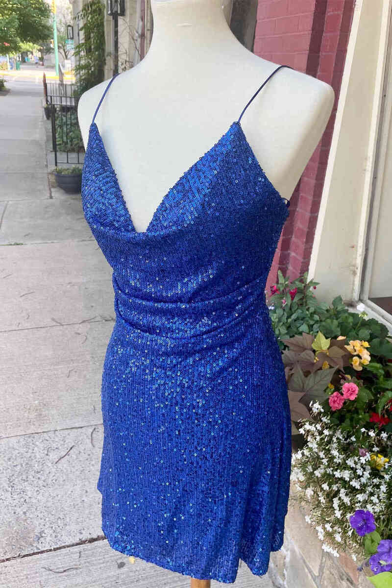 Elegant Blue Sequined Short Homecoming Dress Outfits For Girls,Sexy Maxi Cocktail Dresses