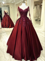 Elegant burgundy wedding Dress Outfits For Women lace long sleeves ball gown sheer neckline for women prom Dress Outfits For Girls, evening dress
