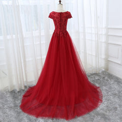 Elegant Cap Sleeve Lace Applique Tulle Party Dress Outfits For Girls, Prom Gowns