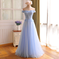 Elegant Light Blue Lace Applique Top Long Party Dress Outfits For Girls, Off Shoulder Bridesmaid Dress