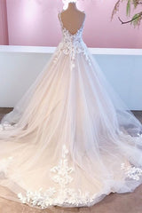 Elegant Long A-Line Appliques Lace Tulle Sweetheart Backless Wedding Dress