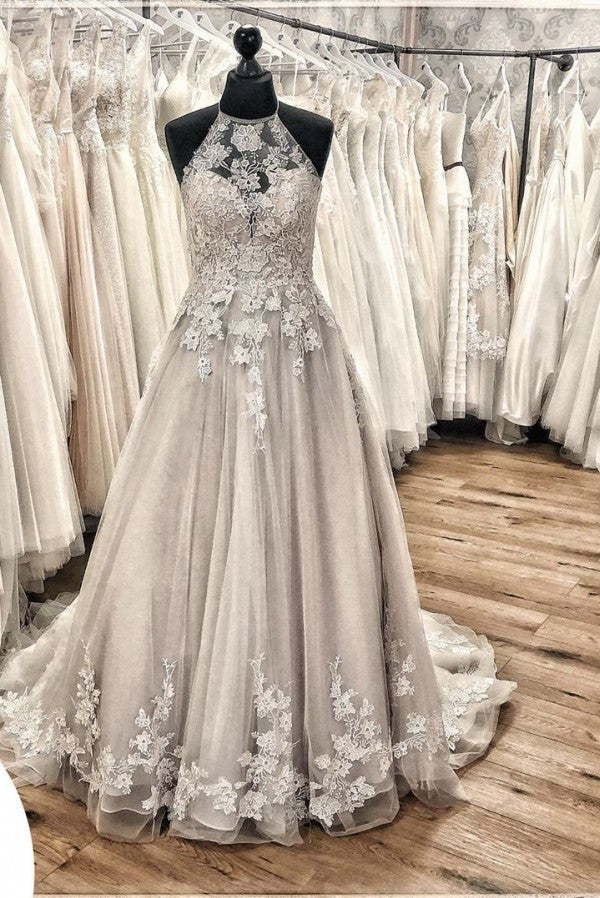 Elegant Long A-line Halter Backless Appliques Lace Tulle Ruffles Train Wedding Dress